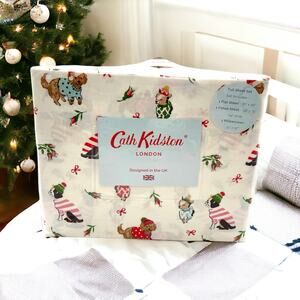 Cath Kidston London 4pc Queen Puppy Love Christmas Sheet Set Cotton- NEW